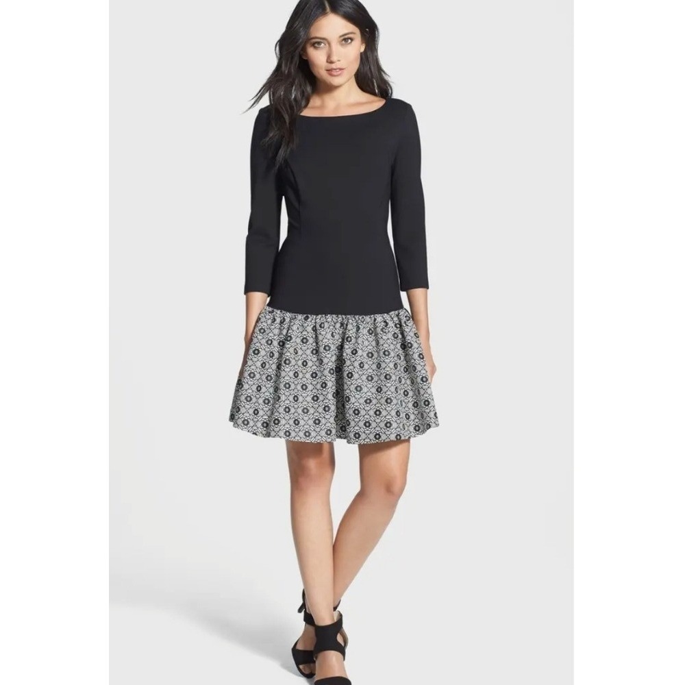 ERIN Erin Fetherston Drop Waist Dress Women Size 4 Black White Jacquard Mod EUC